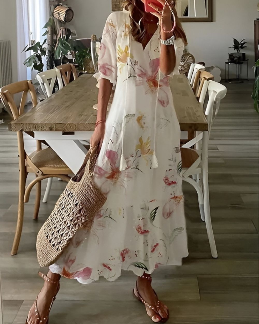 Bohemisk maxiklänning dam med tassel-detaljer