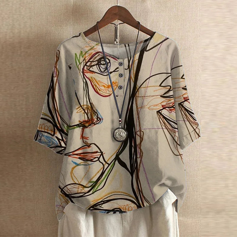 Blommönstrad vintage-blus dam med kortärm