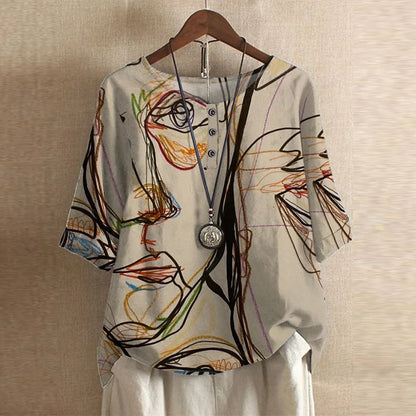 Blommönstrad vintage-blus dam med kortärm