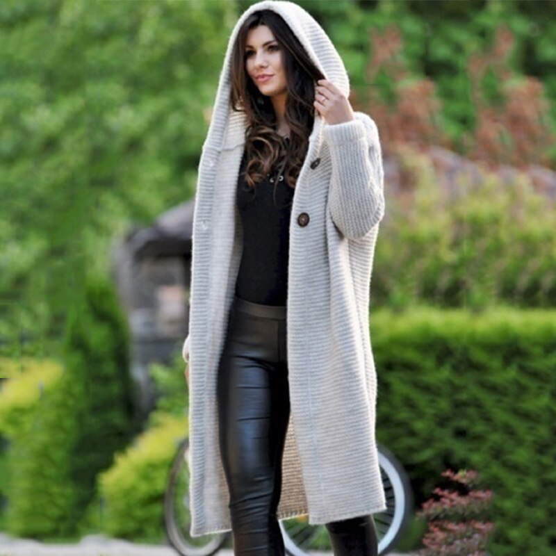 Stickad cardigan dam med kapuschong i bomull-polyester