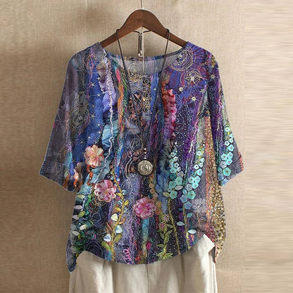 Blommönstrad vintage-blus dam med kortärm