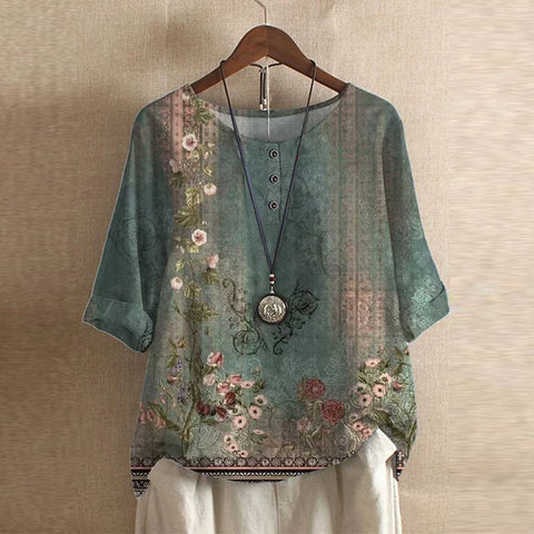 Blommönstrad vintage-blus dam med kortärm