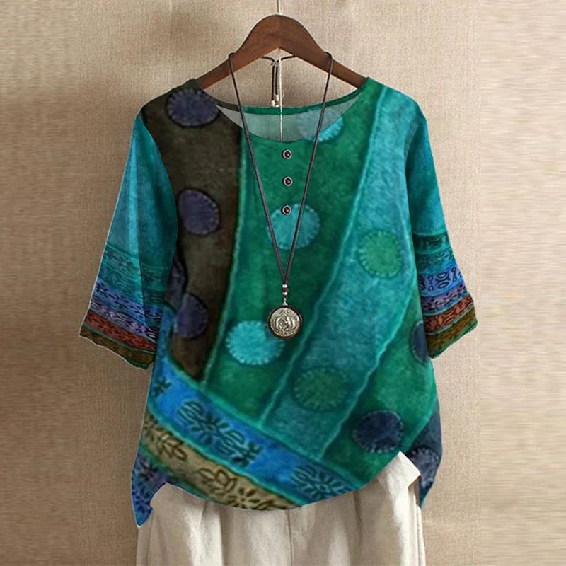 Blommönstrad vintage-blus dam med kortärm