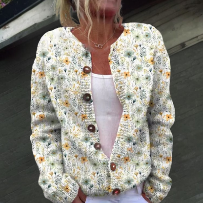 Stickad kofta dam med blommönster — rundhalsad cardigan i akryl