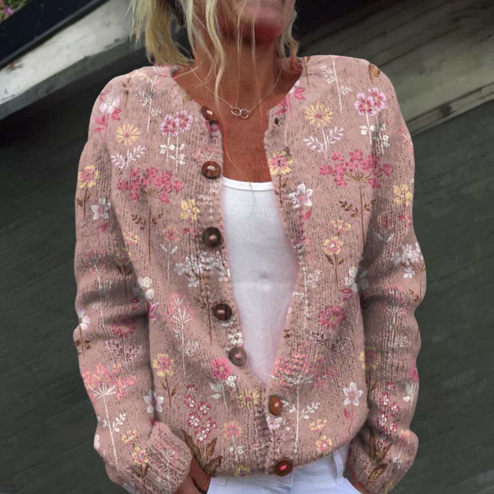 Stickad kofta dam med blommönster — rundhalsad cardigan i akryl