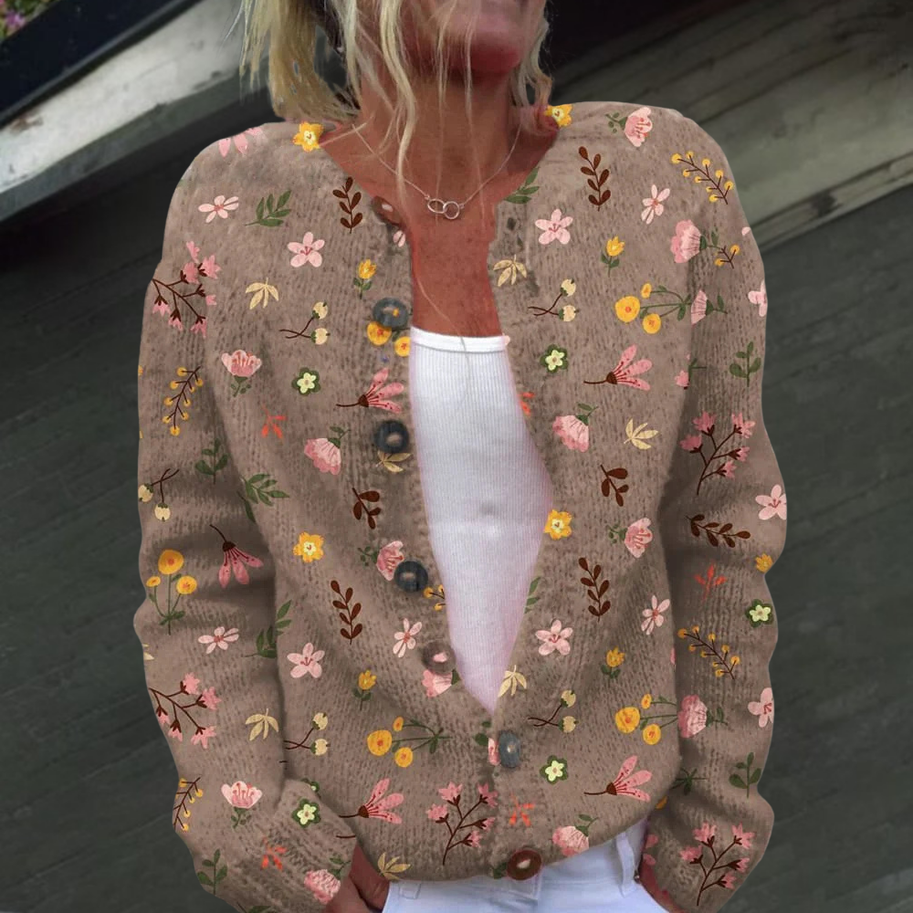 Stickad kofta dam med blommönster — rundhalsad cardigan i akryl