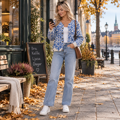 Stickad kofta dam med blommönster — rundhalsad cardigan i akryl