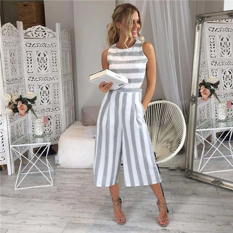 Randig jumpsuit dam i bomull, ärmlös