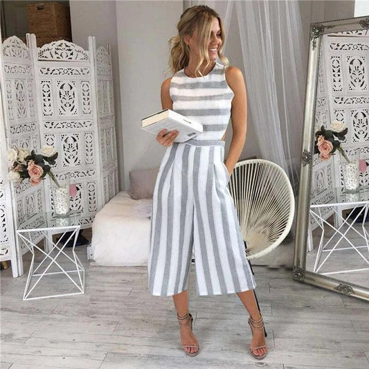 Randig jumpsuit dam i bomull, ärmlös