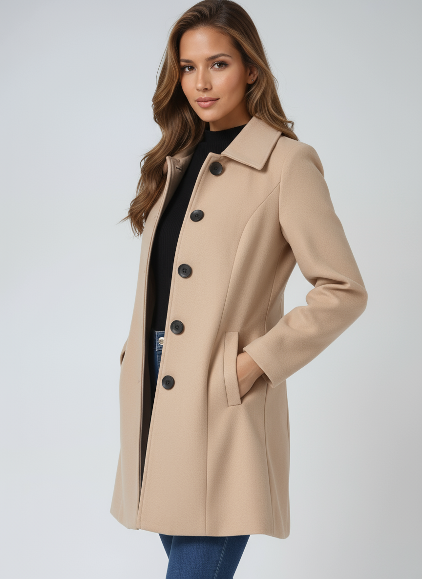 Trenchcoat dam enkelknäppt i beige – ullblandad vinterrock med fuskpälskrage