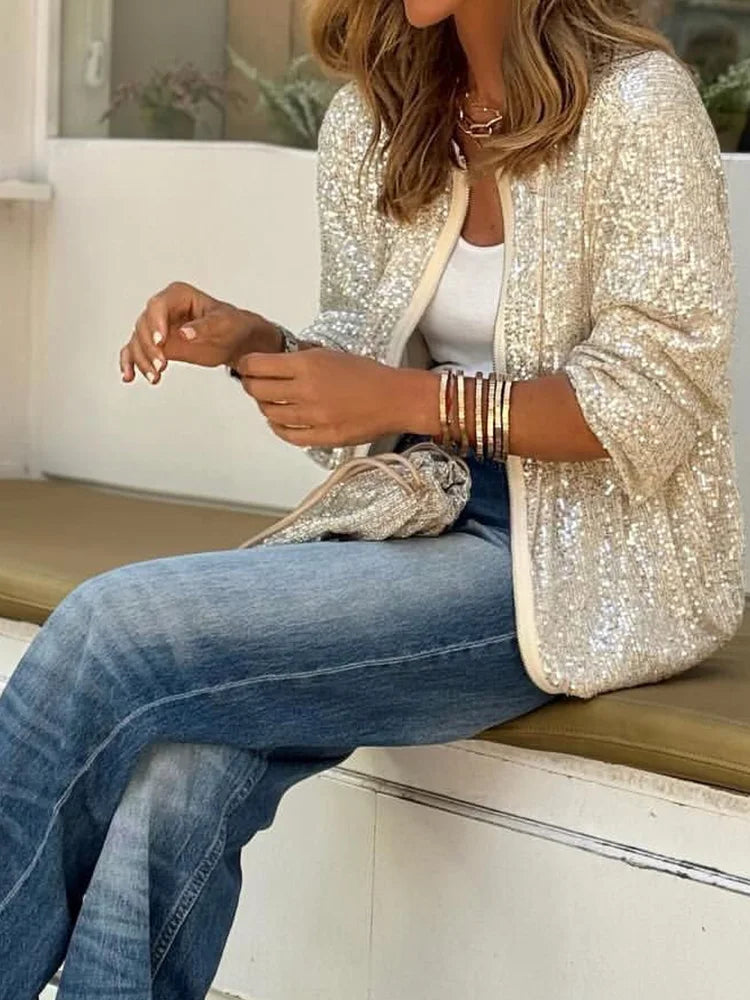 Loungewear-jacka dam med paljetter och O-ringning