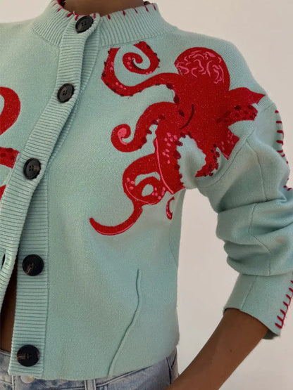 Stickad cardigan dam med bläckfisk-motiv