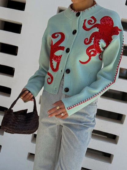 Stickad cardigan dam med bläckfisk-motiv