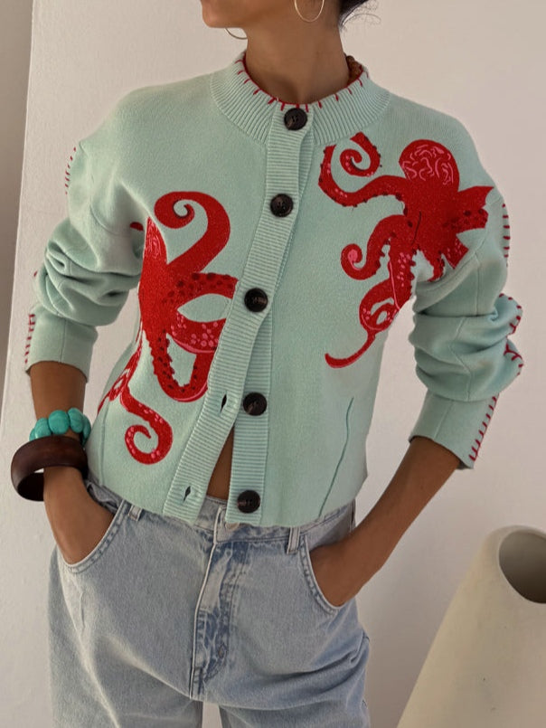 Stickad cardigan dam med bläckfisk-motiv