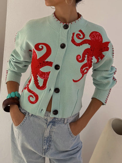 Stickad cardigan dam med bläckfisk-motiv