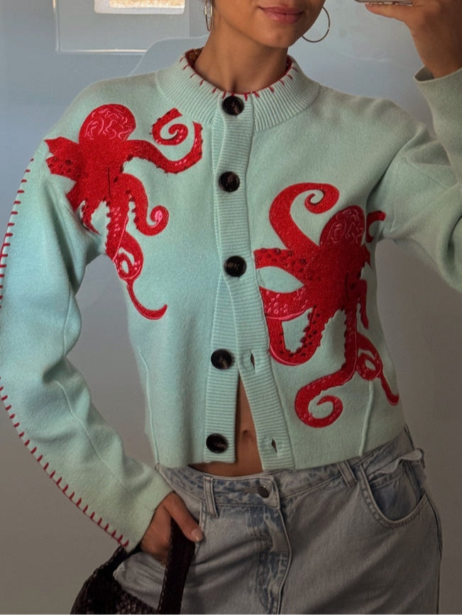Stickad cardigan dam med bläckfisk-motiv
