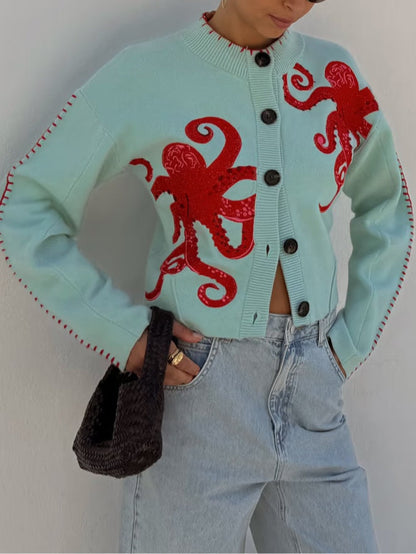 Stickad cardigan dam med bläckfisk-motiv