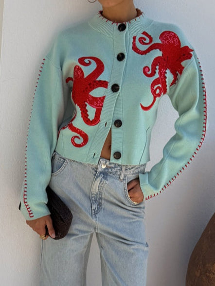 Stickad cardigan dam med bläckfisk-motiv
