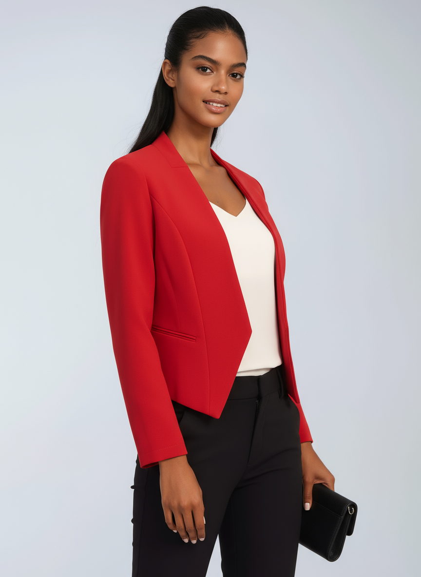 Kort kontorsblazer dam i polyester — figursydd blazer med öppen front
