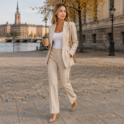 Kostymset dam — elegant kavaj och byxor i linne, enfärgad