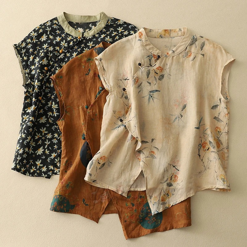 Vintage ärmlös topp dam med mandarinkrage