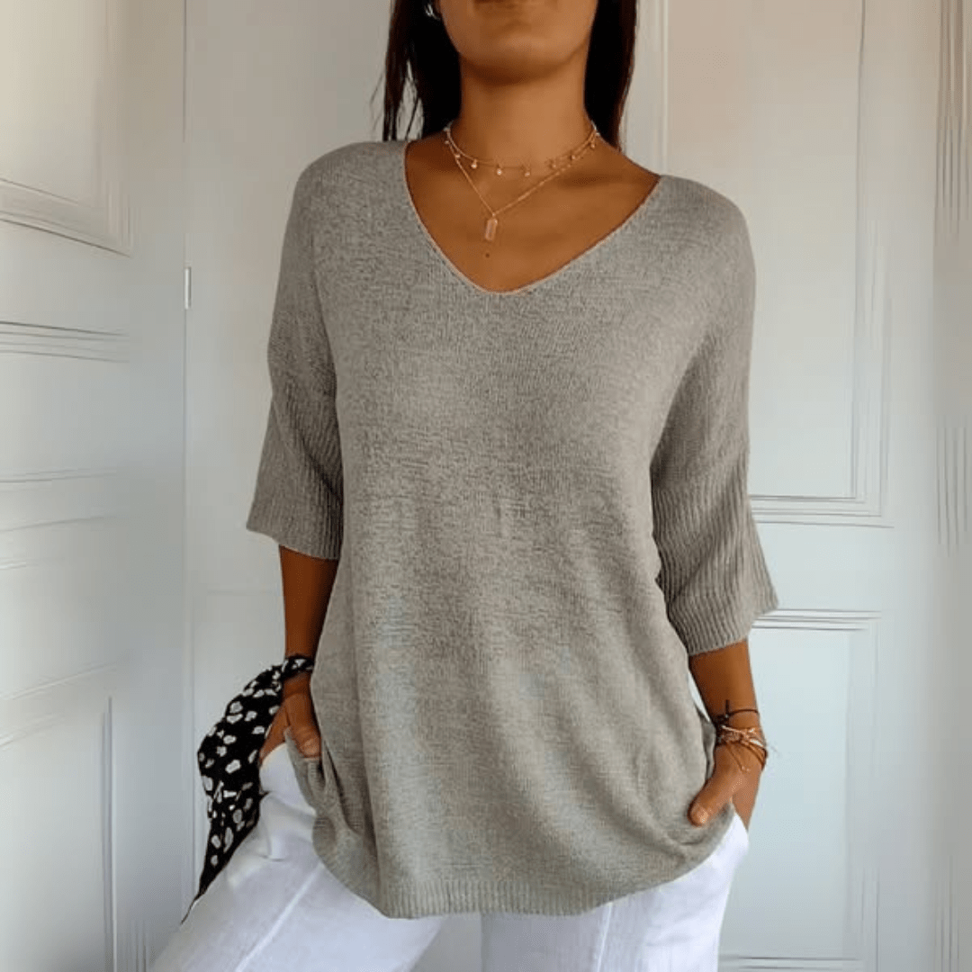 V-ringad sweater dam med trekvartsärm