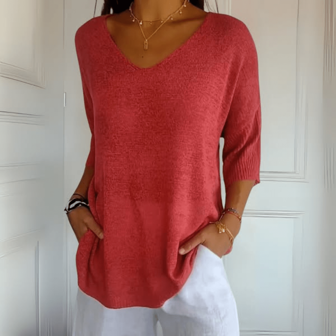 V-ringad sweater dam med trekvartsärm