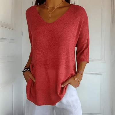 V-ringad sweater med trekvartsärm — avslappnad tröja med rak siluett