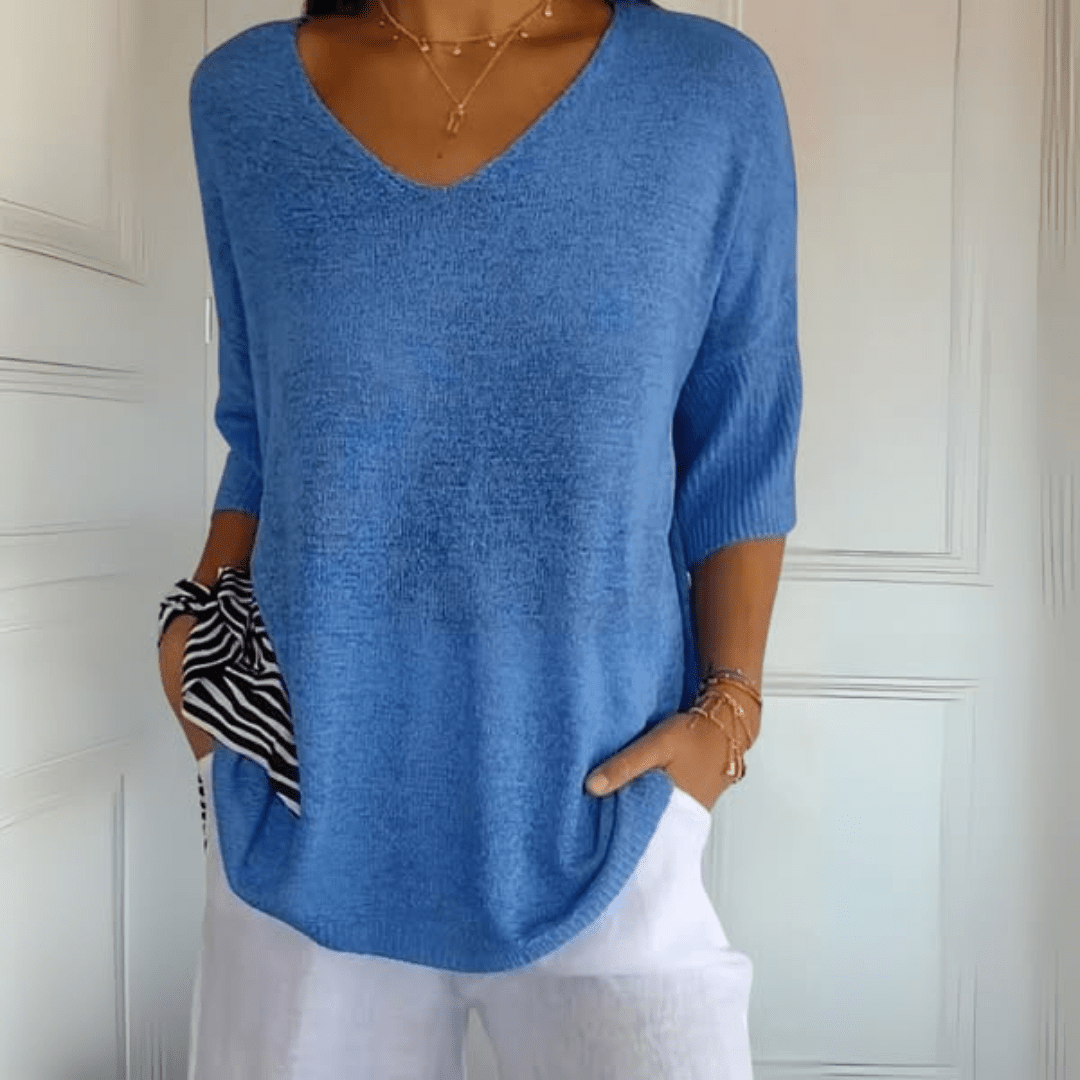 V-ringad sweater dam med trekvartsärm