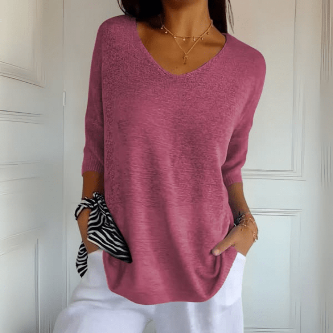 V-ringad sweater dam med trekvartsärm