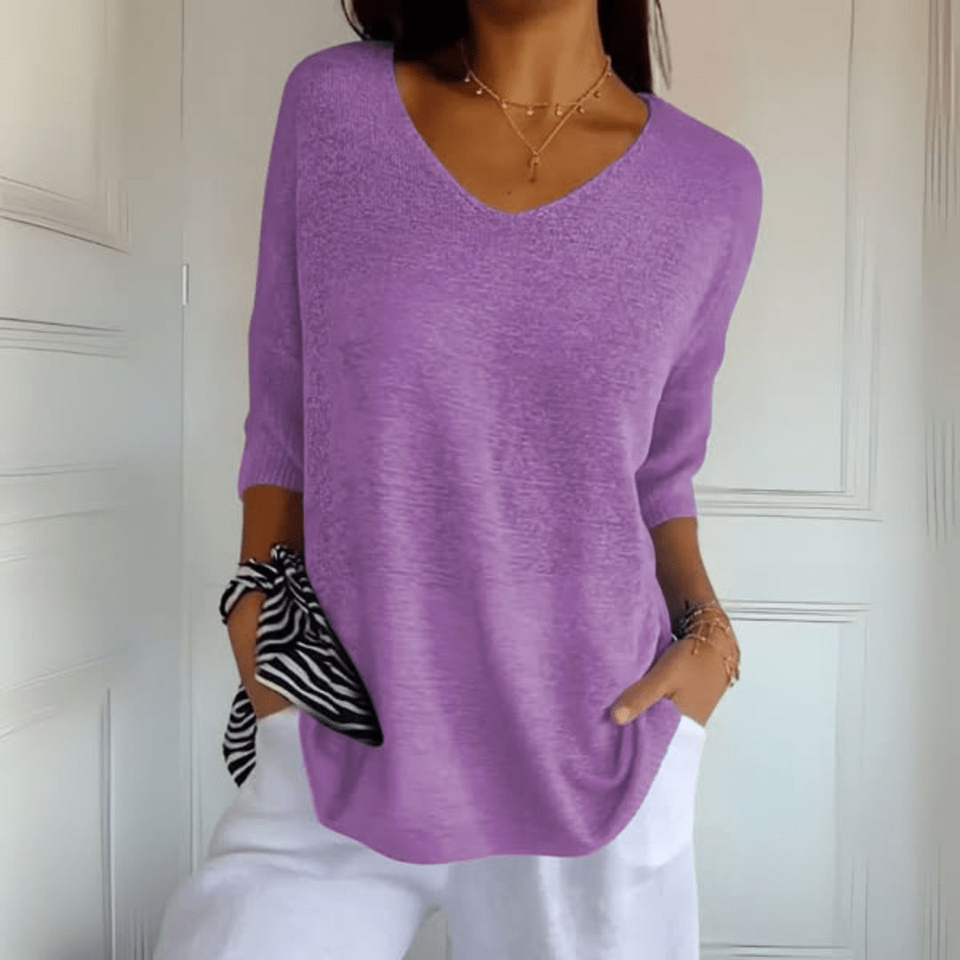 V-ringad sweater dam med trekvartsärm