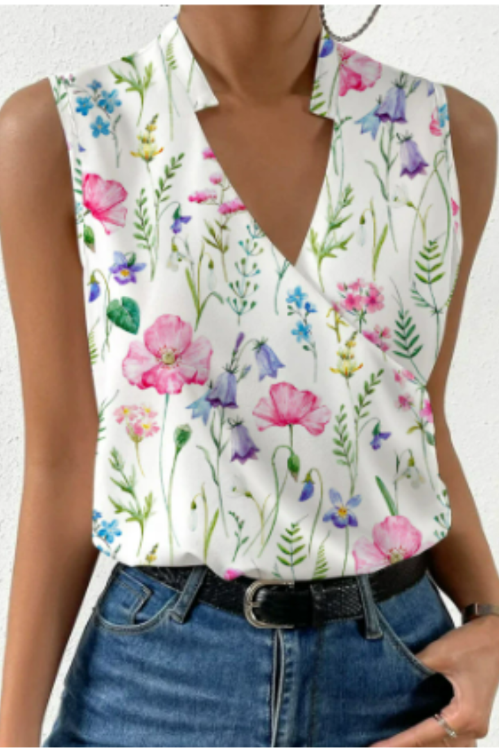 Ärmlös v-ringad blus dam i polyester — blommig sommarblus med omlott