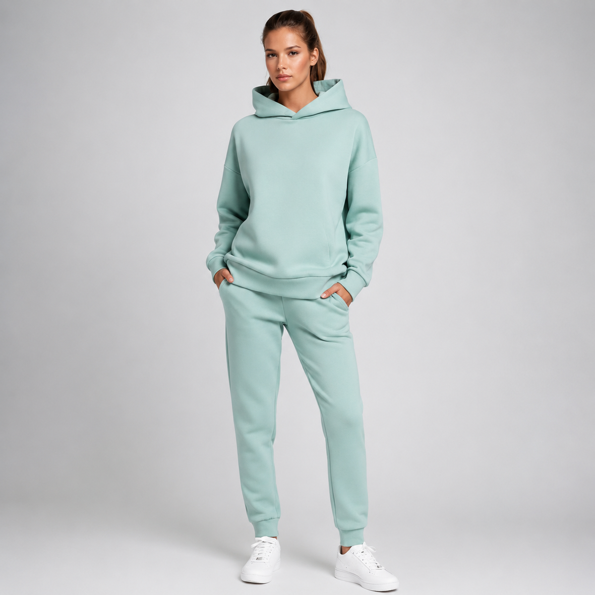 Joggingset dam, tvådelat — luvtröja och joggers i bomullsmix