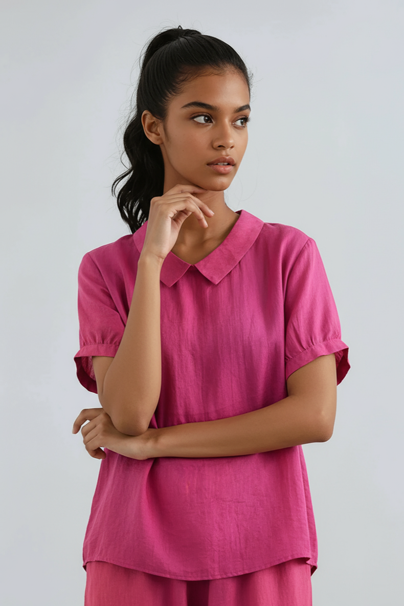 Bomullsblus dam med Peter Pan krage i lila – feminin blus