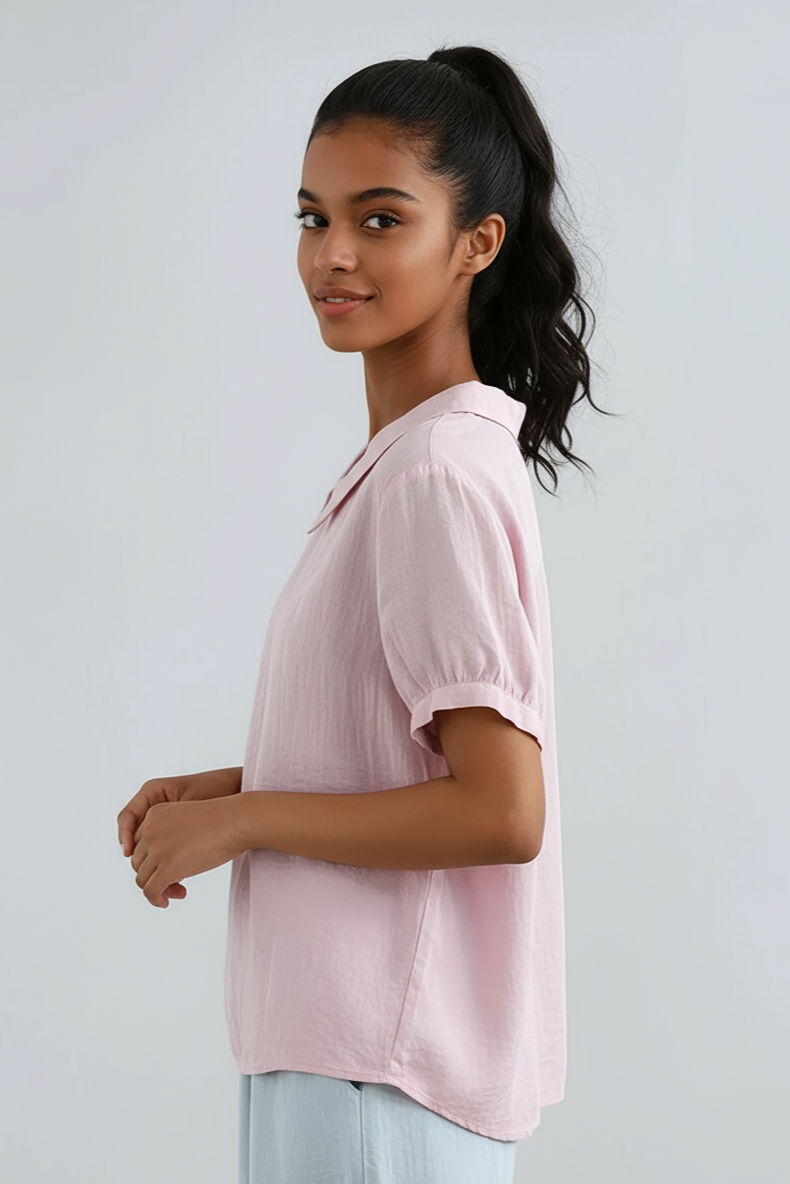Bomullsblus dam med Peter Pan krage i rosa – feminin vårblus