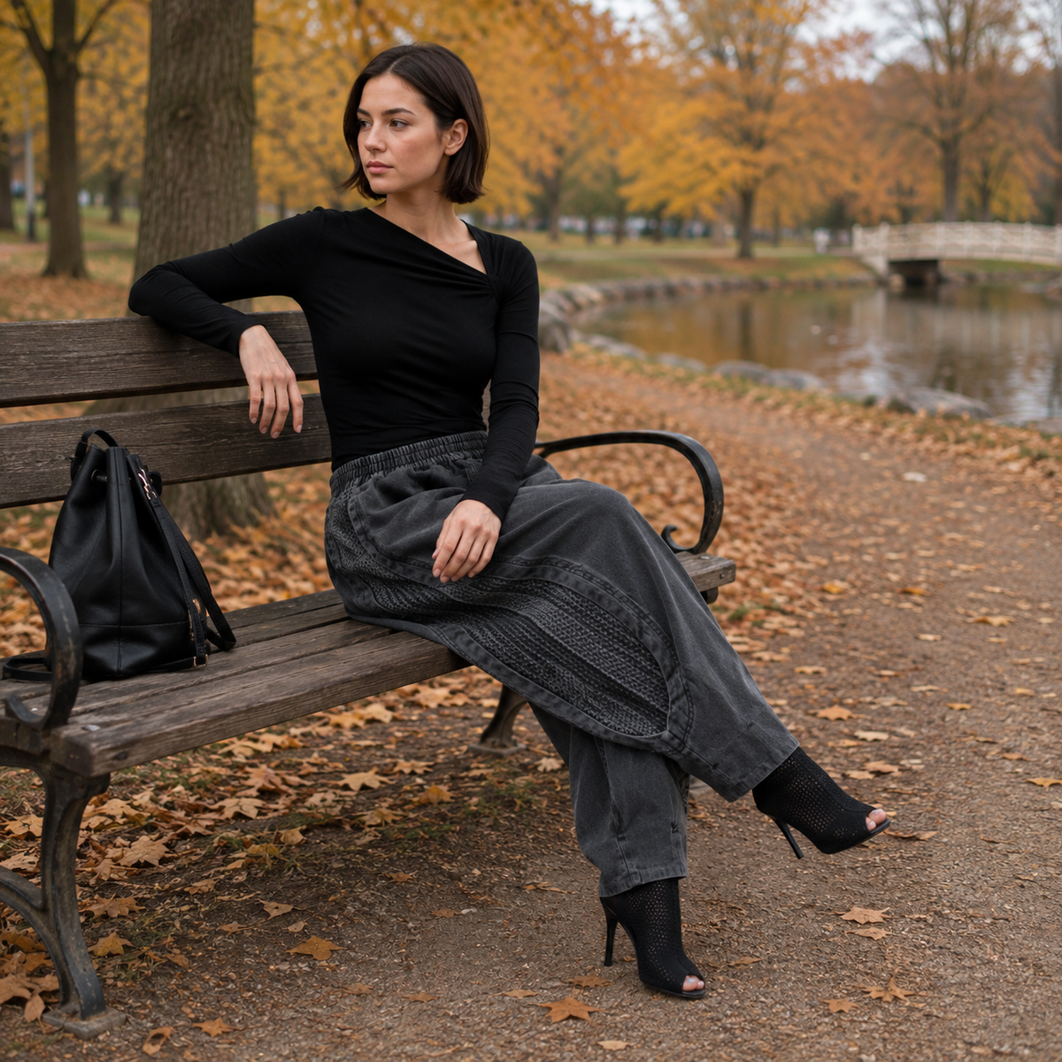 Haremsbyxor dam i denim, grå — lös passform med resårmidja och fickor