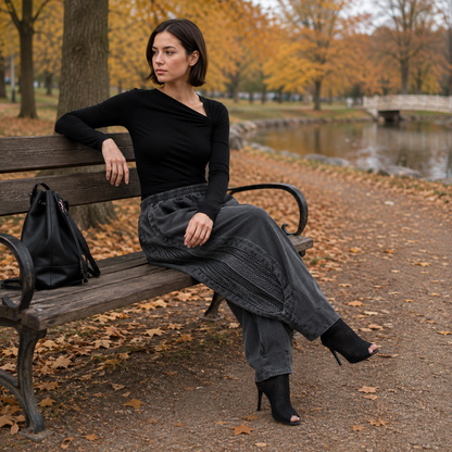 Haremsbyxor dam i denim, grå — lös passform med resårmidja och fickor