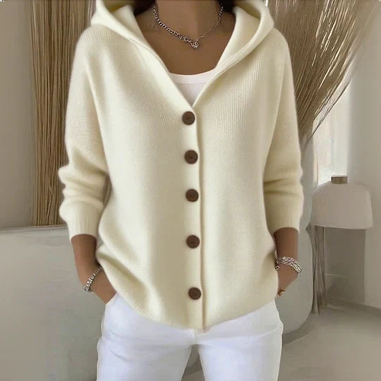 Cardigan dam med knappar och huva, beige