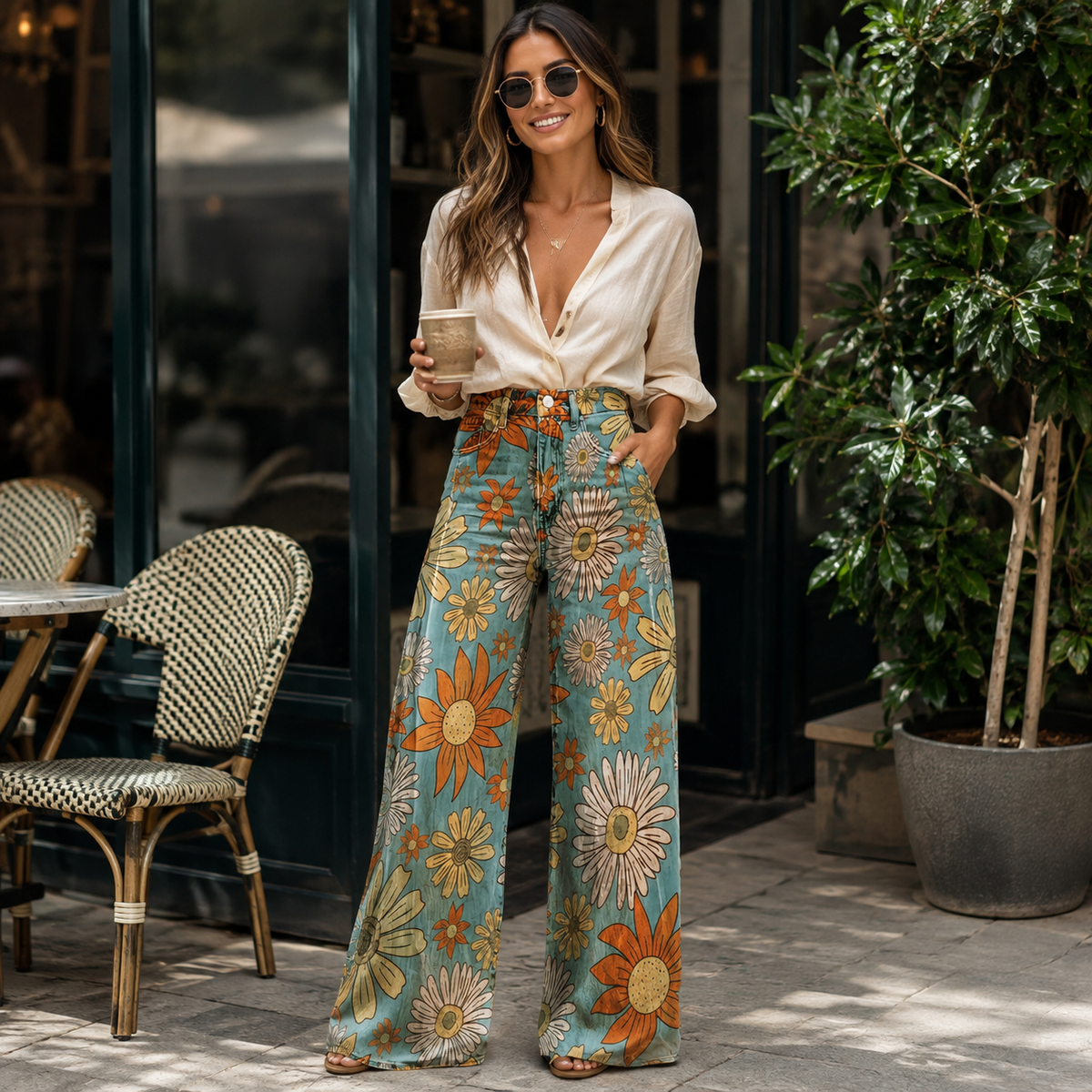 Jeans dam, vida — högmidjade utsvängda blommiga i denim