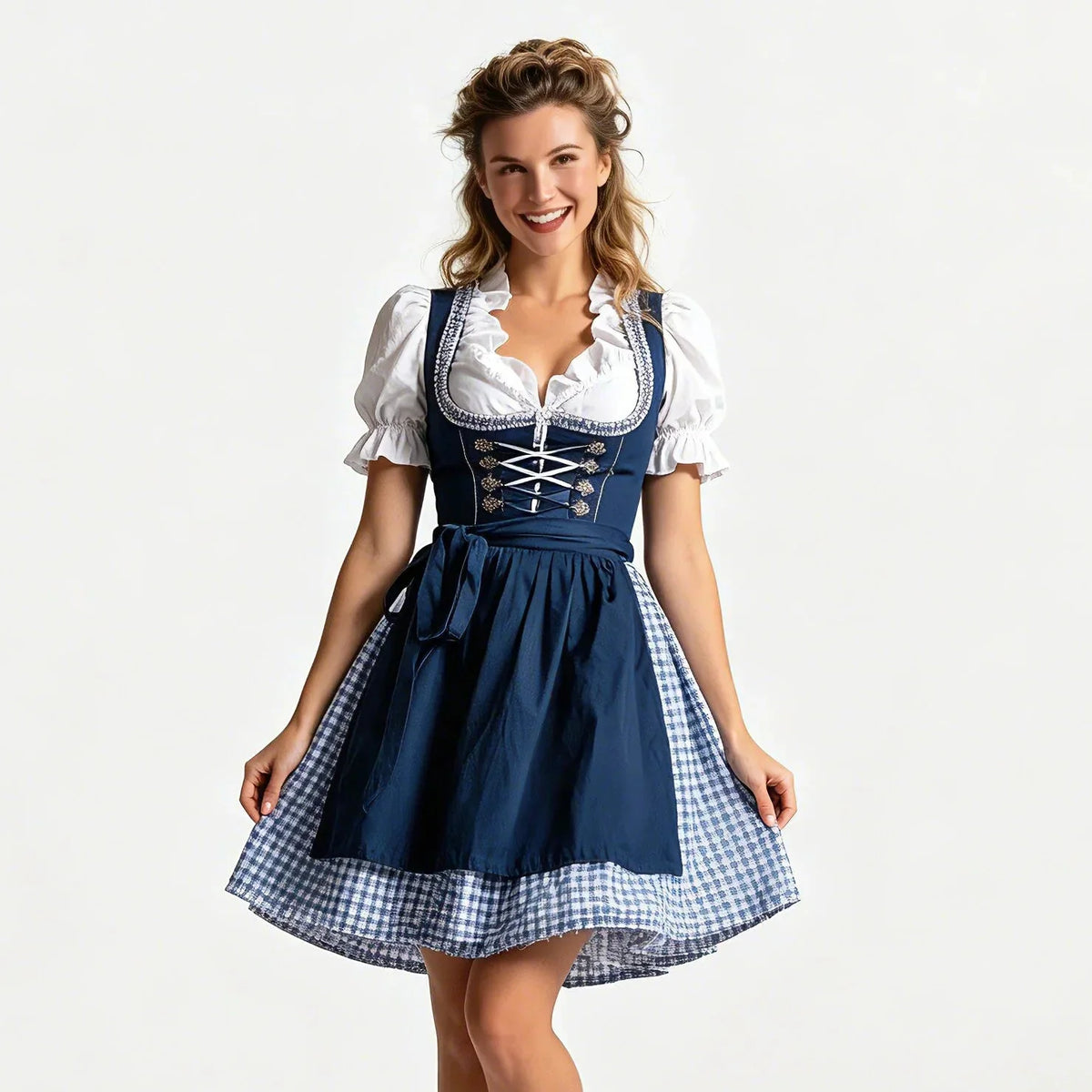 Tredelad dirndl dam med förkläde och blus, marinblå