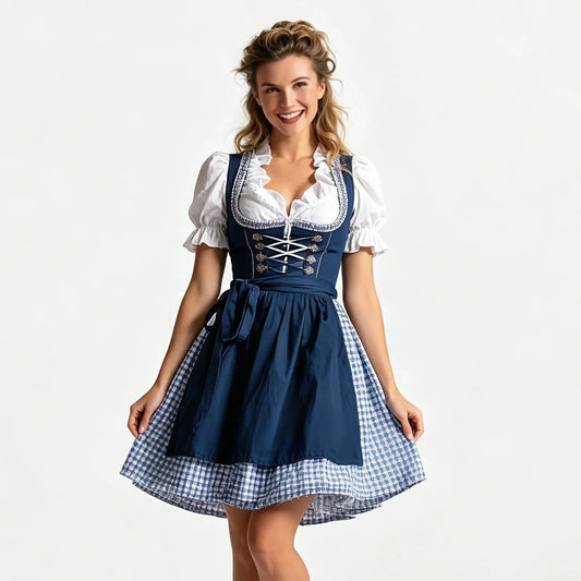 Tredelad dirndl dam med förkläde och blus, marinblå