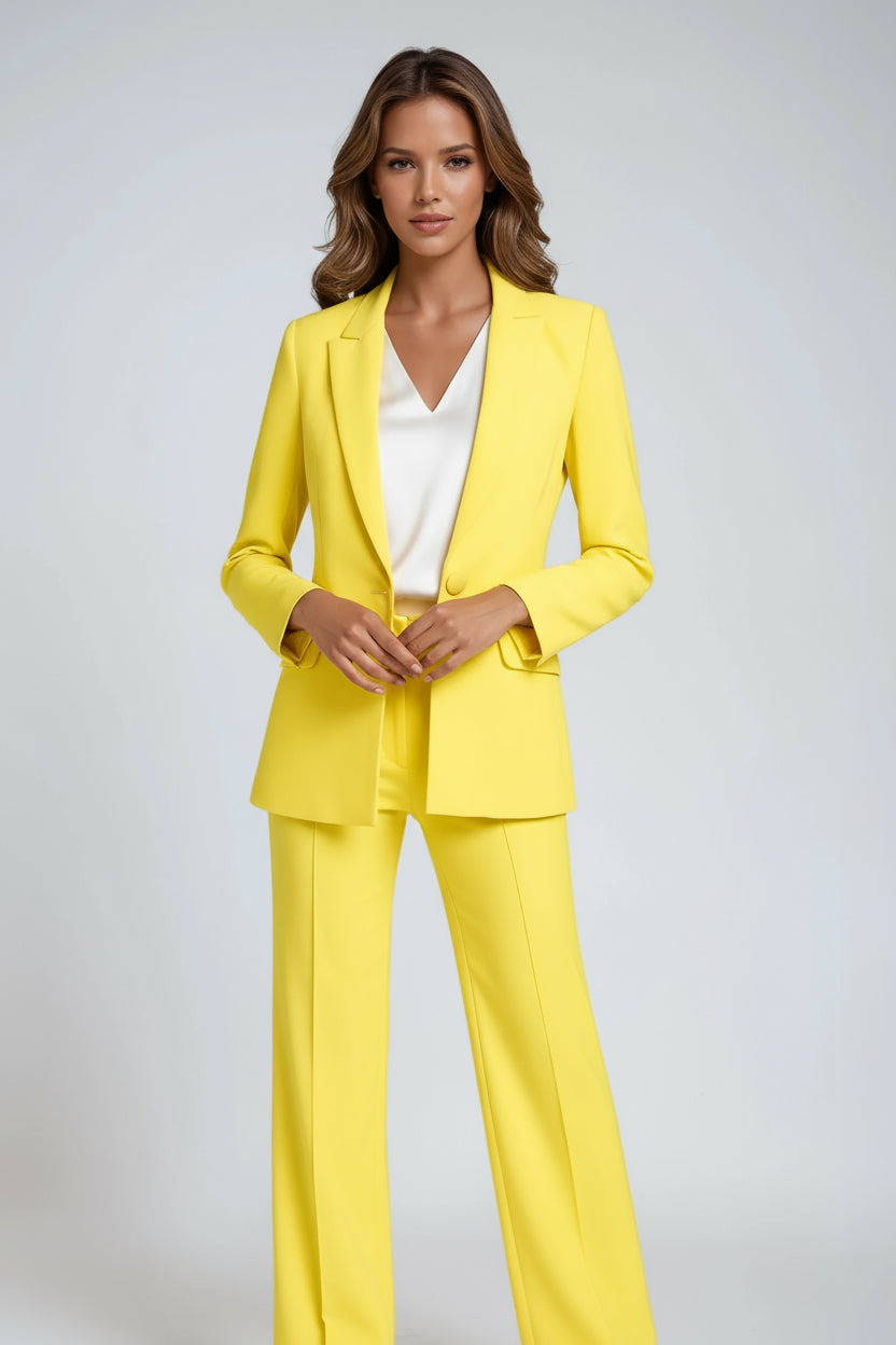Elegant tvådelat blazerset dam i polyester — kavaj och vida kostymbyxor