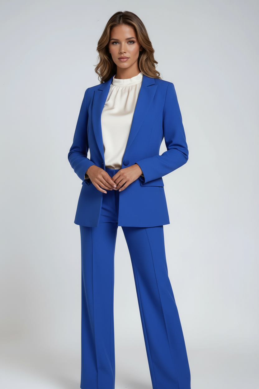Elegant tvådelat blazerset dam i polyester — kavaj och vida kostymbyxor