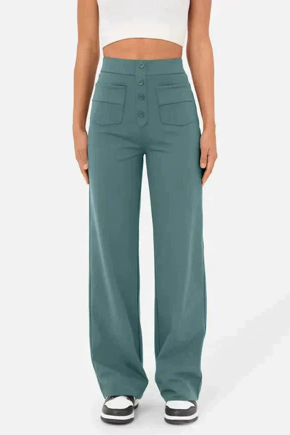 Vida byxor dam med hög midja i polyester — högmidjade byxor med knappdetalj