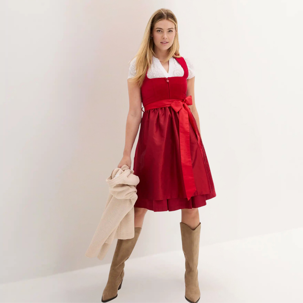 Dirndl dam med sammetsliv — Oktoberfest-klänning med satinförkläde