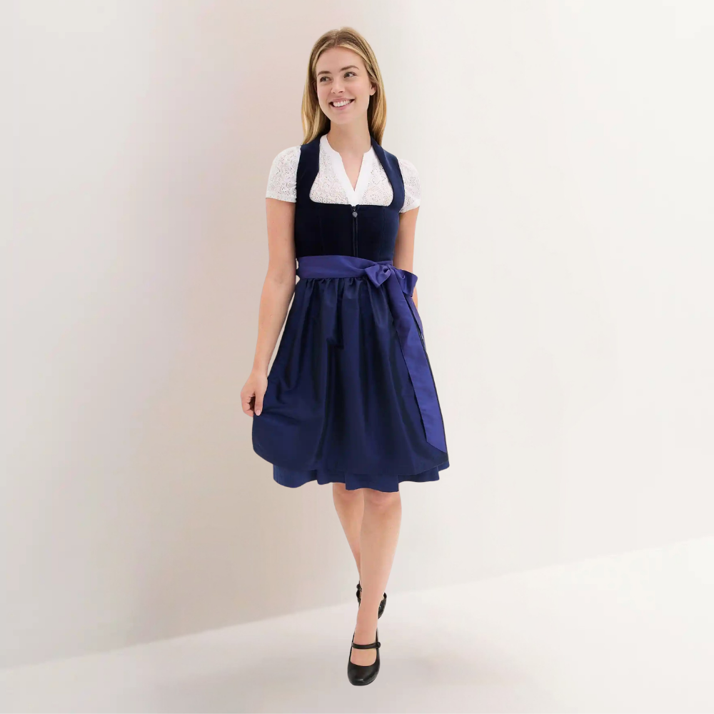 Dirndl dam med sammetsliv — Oktoberfest-klänning med satinförkläde