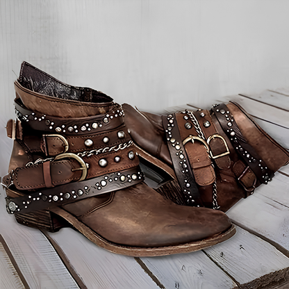 Vintageboots dam i läderimitation — stövletter i retrostil