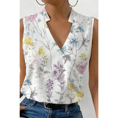 Ärmlös v-ringad blus i linne— elegant blommig sommarblus med omlott