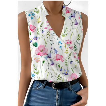 Ärmlös v-ringad blus i linne— elegant blommig sommarblus med omlott