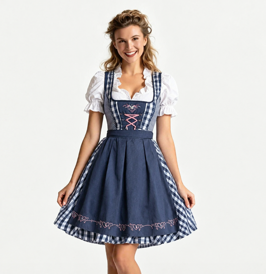 Dirndl dam med förkläde och blus — tredelat Oktoberfest-set
